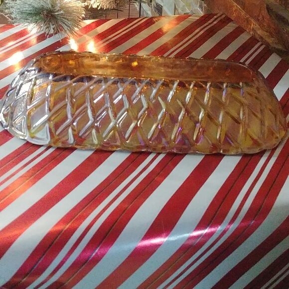 Vintage Carnival Iradescent Rainbow/ Orange Oval Glass Dish w/ Textured outside - Picture 4 of 8